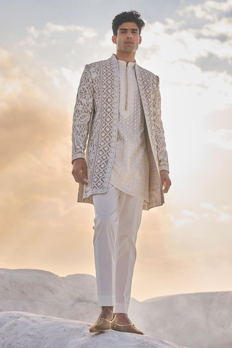 Indian Male Model Wearing Cream Sherwani Stock Image - Image of groom,  looking: 103890401